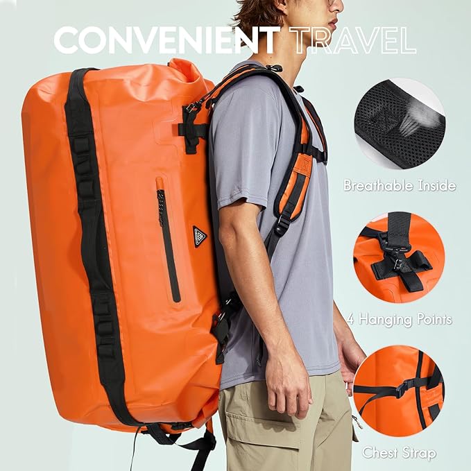 Haimont Large Waterproof Duffel Backpack Roll-Top Heavy Duty Dry Duffle Bag for Boating, Travel, Motorcycle, Kayaking, Camping, 60L