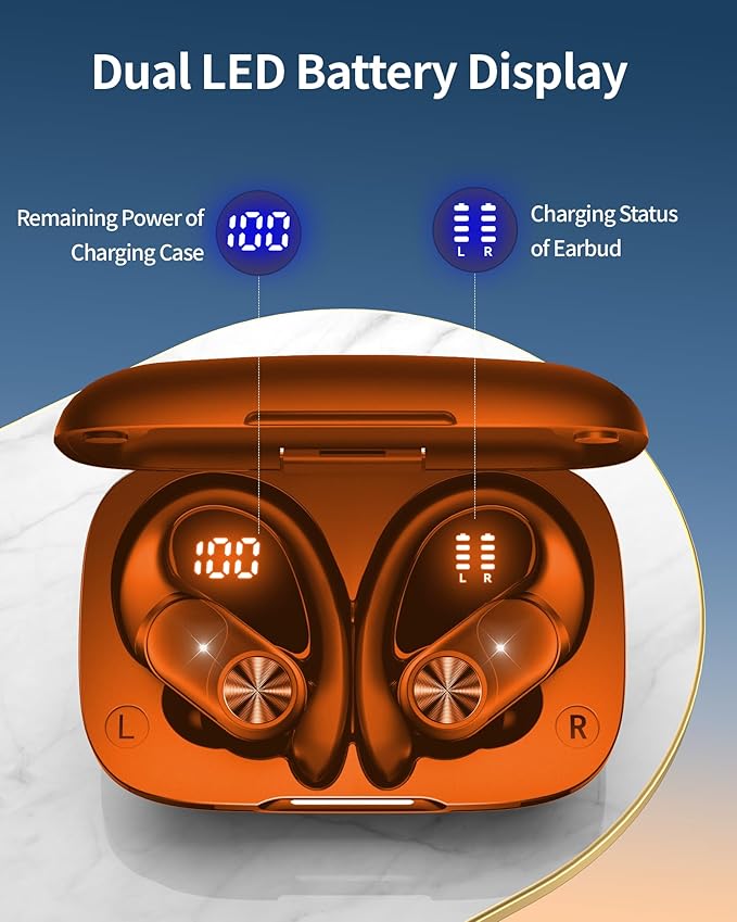PocBuds Bluetooth Headphones Wireless Earbuds 80hrs Playtime Wireless Charging Case Digital Display Sport Ear Buds with Earhook Deep Bass IPX7 Waterproof Over-Ear Earphones for Phone Laptop Caramel