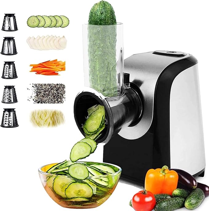 Electric Cheese Grater 5 In 1 Professional One-Touch Control Professional electric slicer/shredder, Spiralizer for Veggies, Carrots