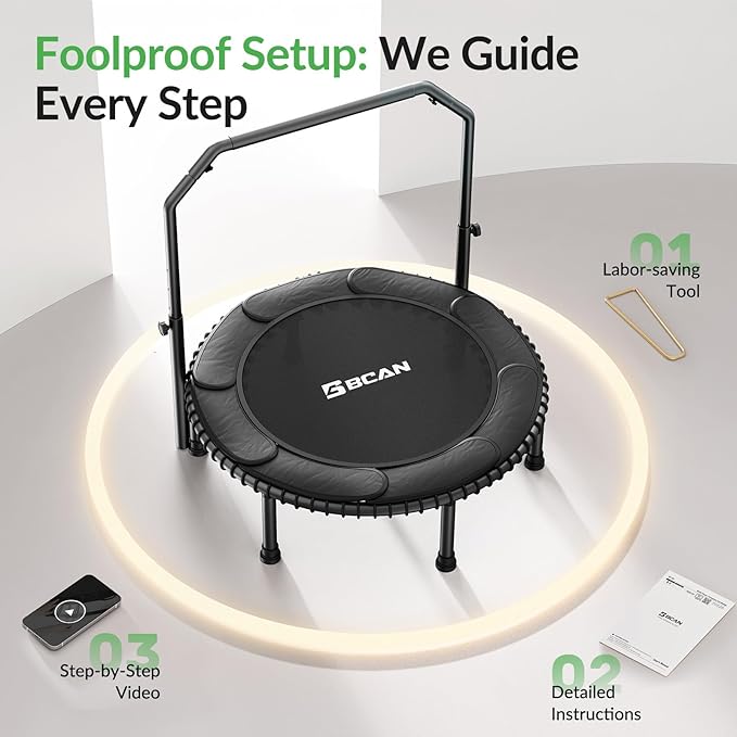 BCAN 40"/48" Rebounder Trampoline for Adult, 450/550LBS Fitness Trampoline with Bungees, Adjustable Handle, Stable & Quiet, Indoor Outdoor, Whole-Body Workout & Relaxation at Home for Women/Men
