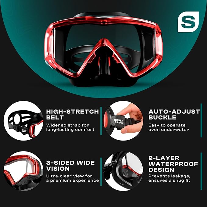 Pano 3 Scuba Diving Mask, Tempered Glass Snorkel Mask Three-Window Scuba Mask No-Leak Dive Mask Silicone Skirt Diving Mask for Snorkeling and Scuba Use