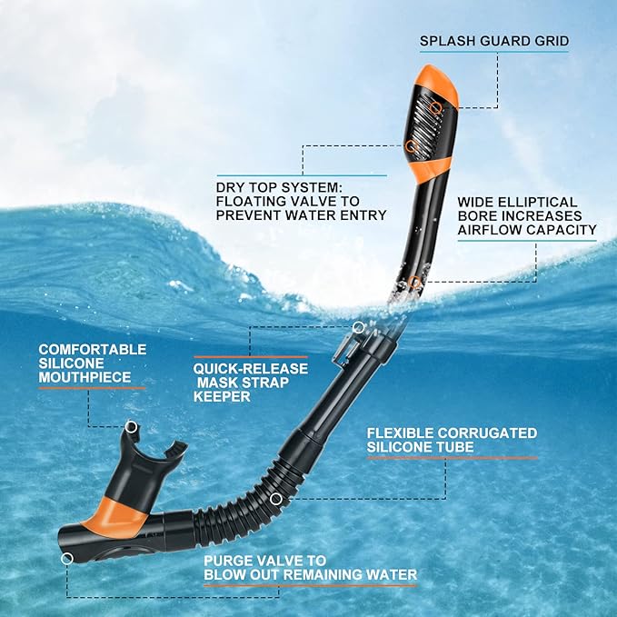 Odoland Kids Snorkeling Packages Snorkel Set, Dry Top Snorkel Mask with Adjustable Swim Fins for Boys and Girls Age 7-14