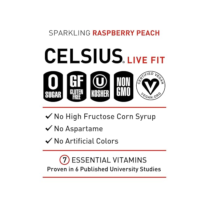 CELSIUS Sparkling Raspberry Peach, Sugar Free Energy Drink, 12 Fl Oz (Pack of 12)