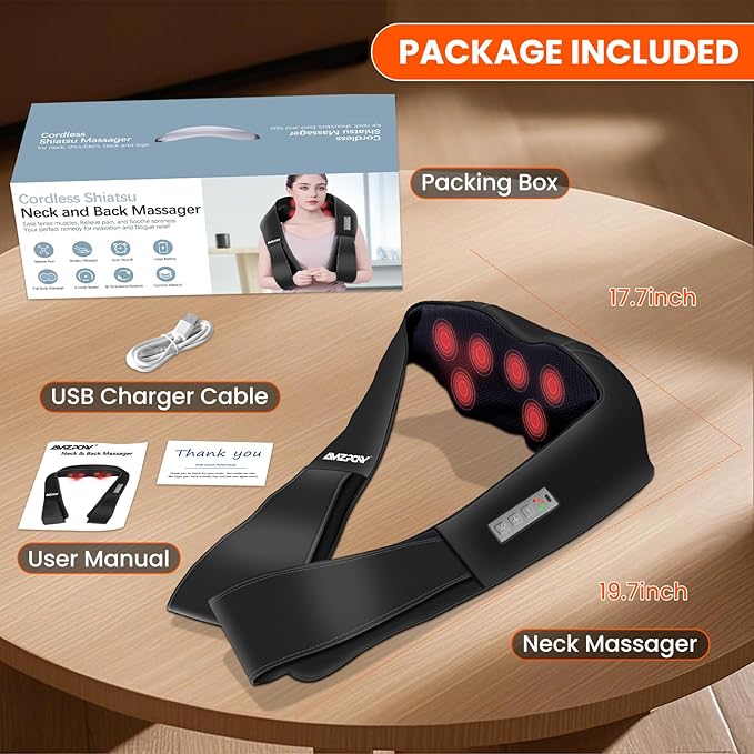 AMZPONY® Cordless Neck Massager for Pain Relief Deep Tissue, Rechargeable Shiatsu Neck and Back Massager Portable Kneading Shoulder Massage for Body Muscle Pain Relief,Gifts for Dad Mom Friends