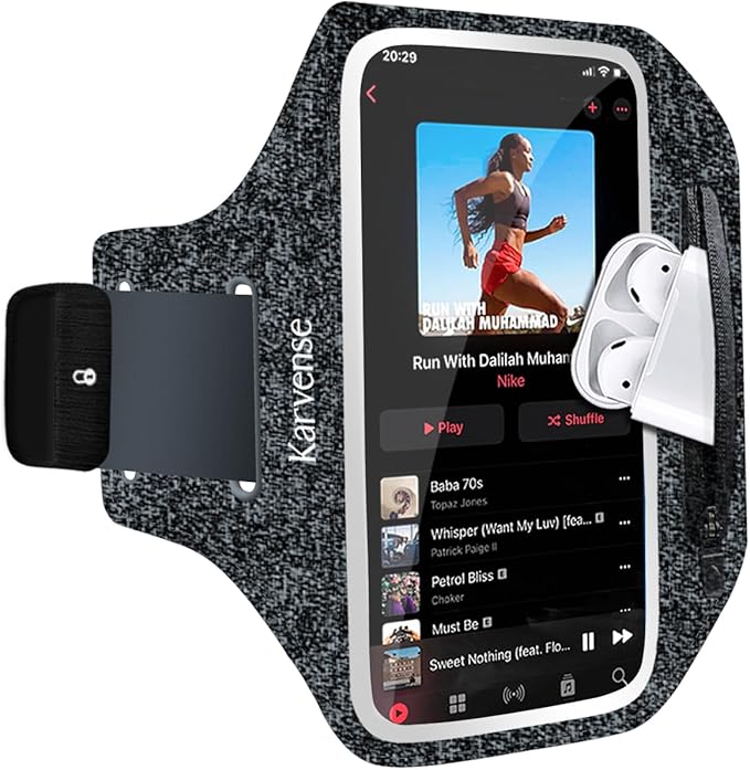 Running Phone Holder, Arm Band for Running for iPhone & Samsung Galaxy, Cell Phone Armband Holder for Walking, Gym, Workout, Men, Women, w/Adjustable Strap & Zipper Pocket (Black Heather-L)