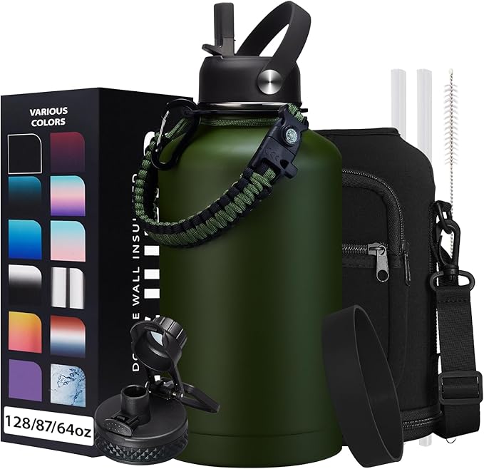 64oz Insulated Water Bottle with Straw & Auto Spout Lid - (Cold 48H & Hot 24H) Half Gallon Stainless Steel Water Jug with Paracord Handle, Metal Tactical Military Water Flask with Carrier Strap Bag