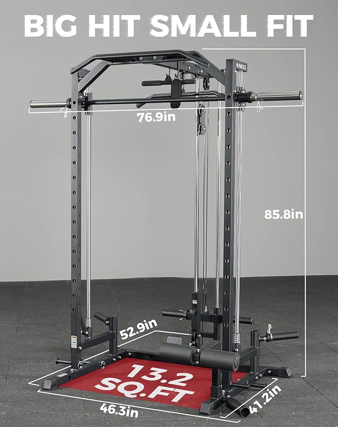 Mikolo Smith Machine Home Gym Power Cage (1:1 Ratio Strength Trainer) (Space Saving Design) (with 8 Free Attachments) Squat Rack for Full Body Training
