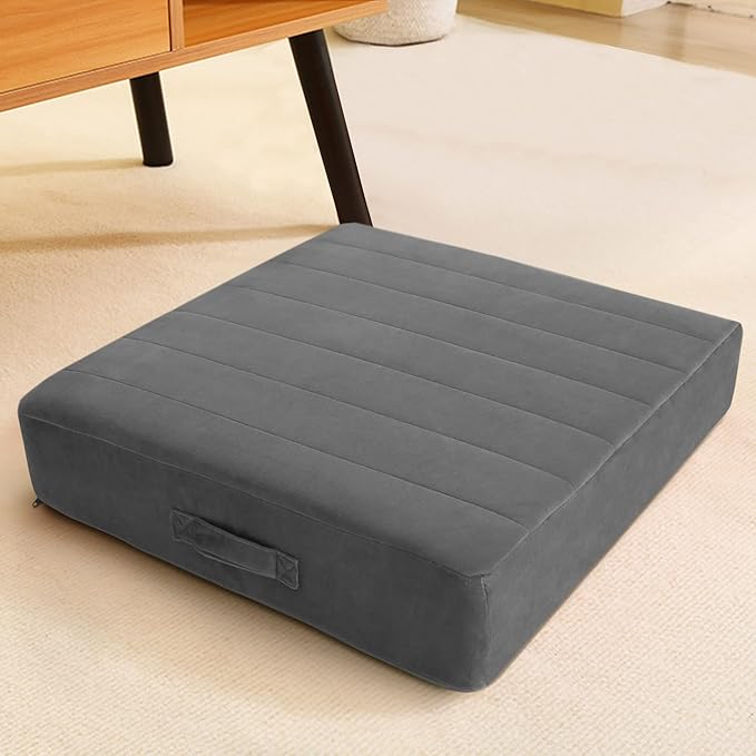 MeMoreCool Square Floor Pillow for Adults and Kids, Large Meditation Cushion with Thick Foam and Washable Tufted Cover, 22-Inch Grey Seat for Yoga and Sitting