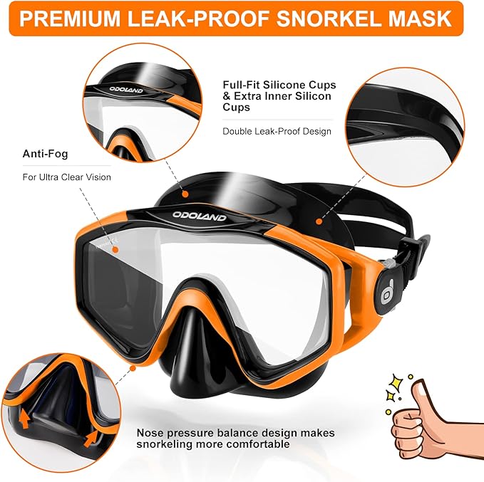 Odoland Kids Snorkeling Packages Snorkel Set, Dry Top Snorkel Mask with Adjustable Swim Fins for Boys and Girls Age 7-14