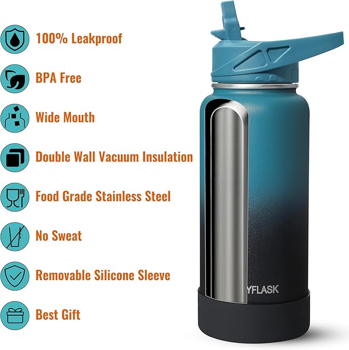 32oz Insulated Water Bottle with Straw, Stainless Steel Metal Vacuum Water Flask, Large Thermal Water bottle with Leakproof 3 Lids for Travel, Camping, Gym Sports Black Gray