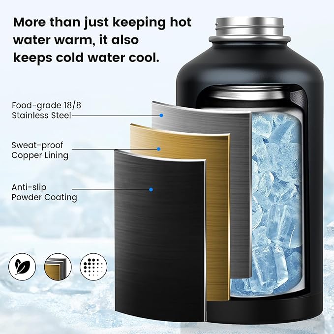 Insulated Water Bottle 128 oz, Triple Wall Vacuum Stainless Steel(Cold for 48 Hrs),Leak Proof & BPA-Free,One Gallon Water Bottle with Reflective Paracord & Flip Straw for Sports & Travel, Black