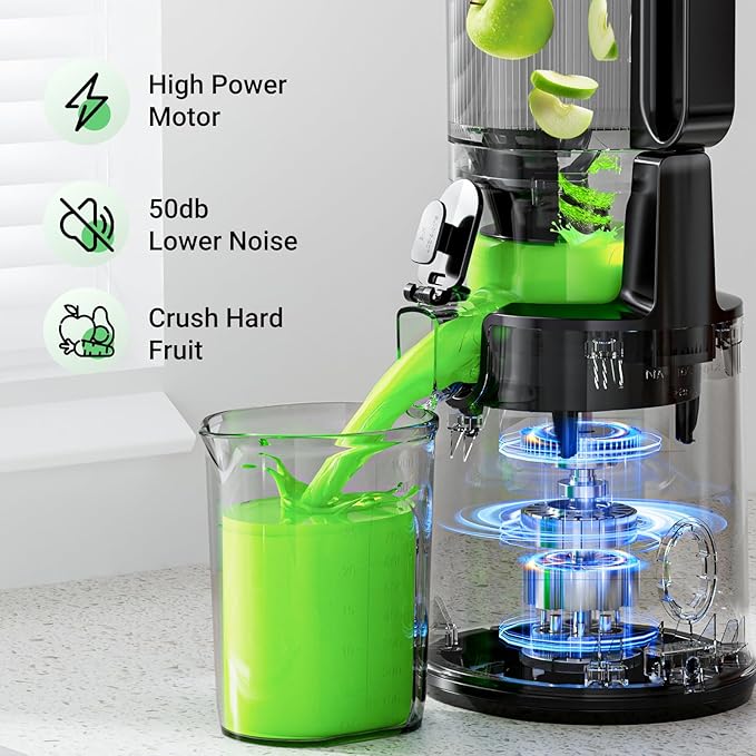 Juicer Machines,Aeitto Cold Press Juicer with 5.3“ Extra Large Feed Chute for Whole Fruits & Vegetables, Juice Extractor Machine, Self Feeding, Easy to Clean, High Juice Yield, Black