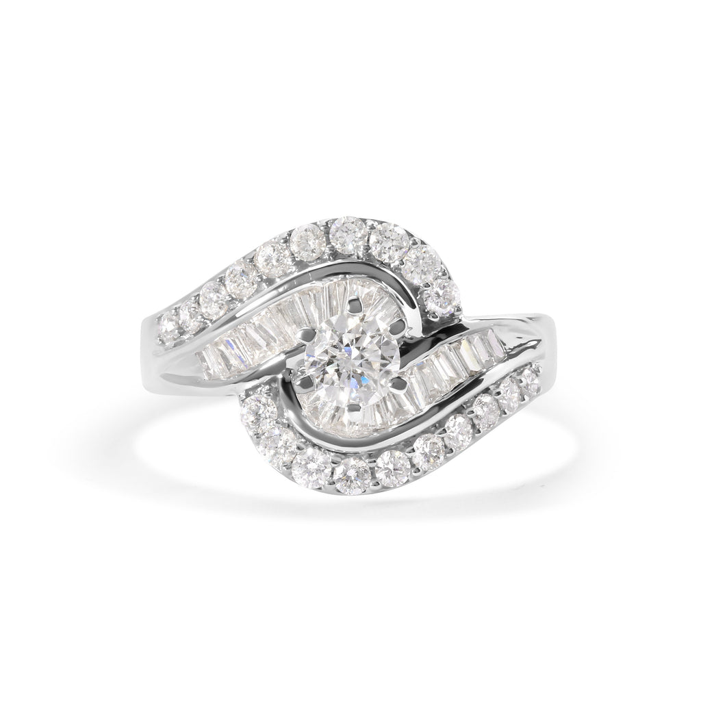 14K White Gold 1.00 Cttw Round and Baguette cut Diamond Swirl Cocktail Ring (H-I Color, SI2-I1 Clarity) - Ring Size 7
