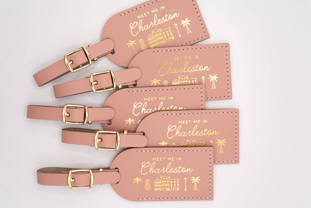 Charleston Luggage Tag Wedding Favor or Travel Souvenir Gift: Pink w/ Gold