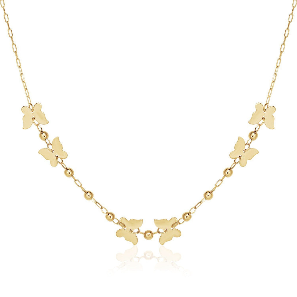 14k Yellow Gold 18 inch Necklace with Polished Butterflies and Beads