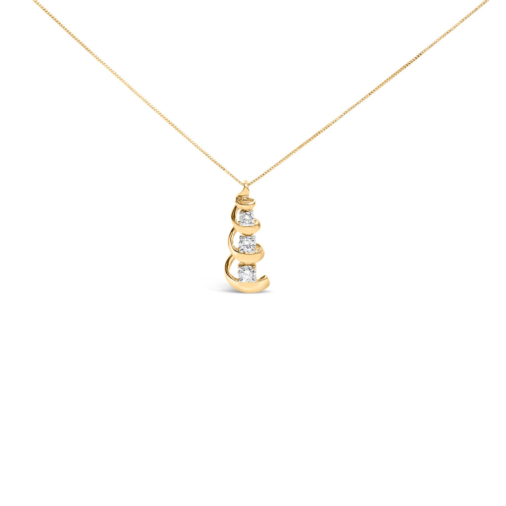 10k Yellow Gold 1/4 Cttw Diamond 3 Stone Swirl and Drop Pendant Necklace
