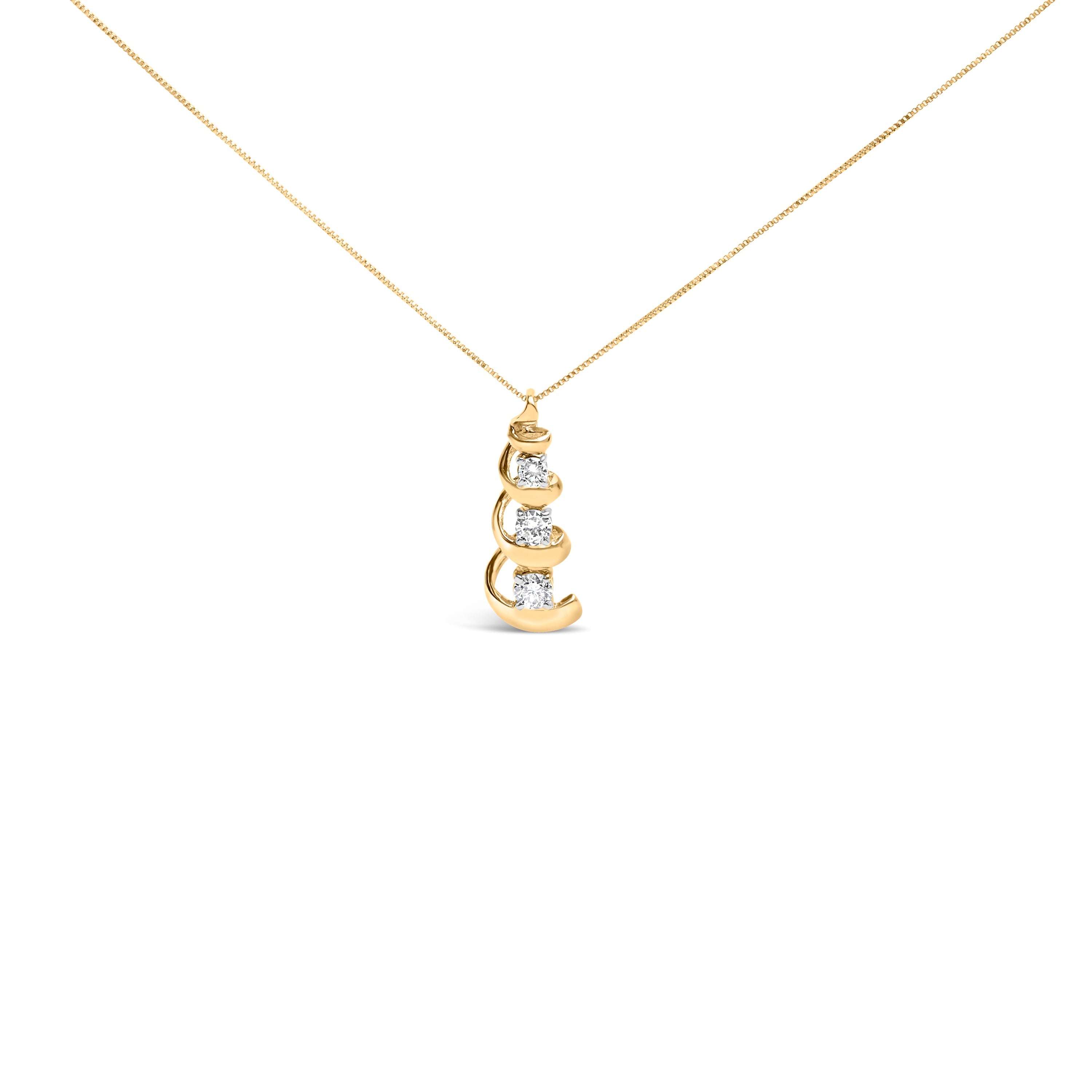 10k Yellow Gold 1/4 Cttw Diamond 3 Stone Swirl and Drop Pendant Necklace