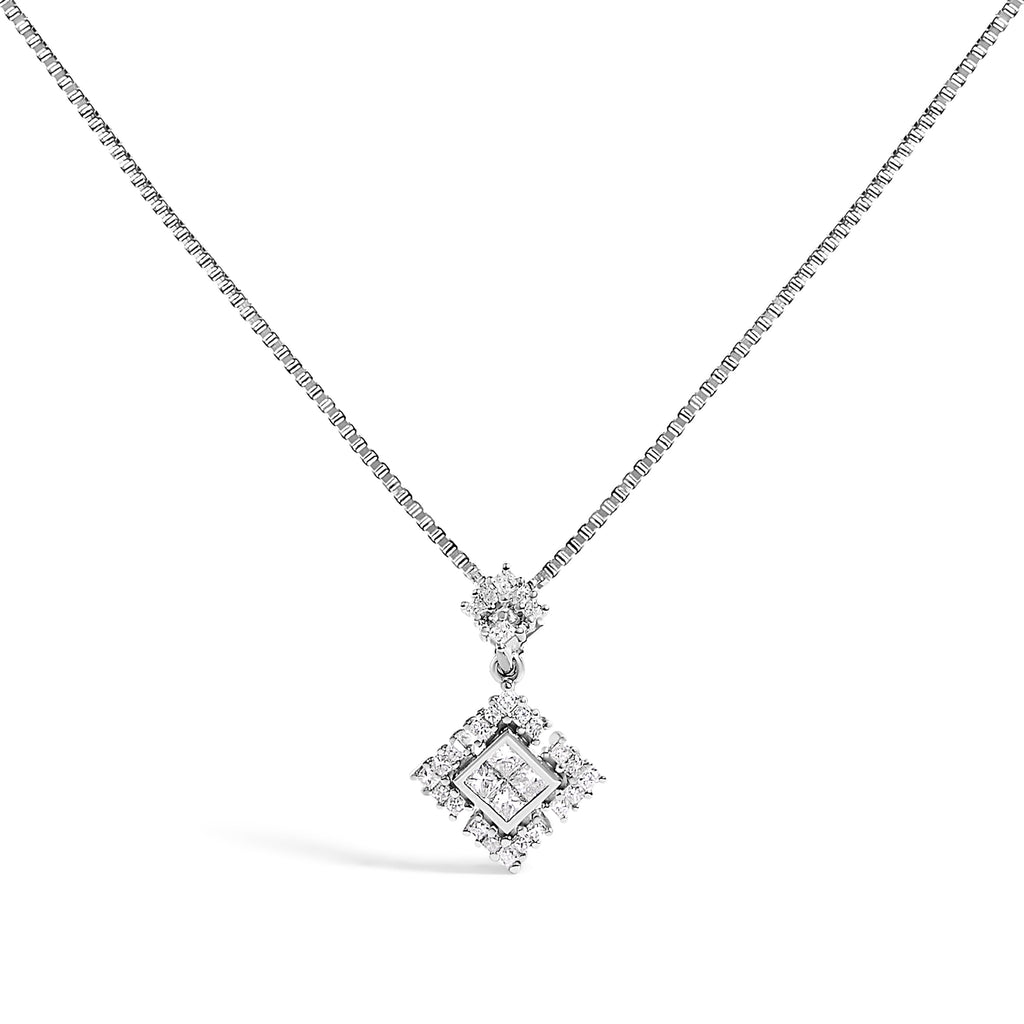 10K White Gold Princess Cut Diamond Geometric Pendant Necklace