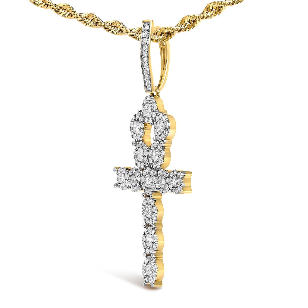 Men's 10K Yellow Gold 1 3/4 Cttw Diamond Cluster Ankh Cross Pendant Necklace - 18" Inches
