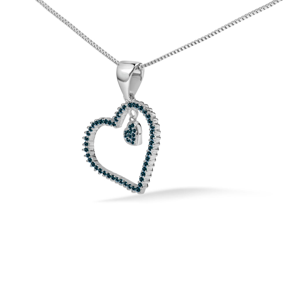 925 Sterling Silver 1/3ct TDW  Blue Treated  Diamond Heart Pendant Necklace