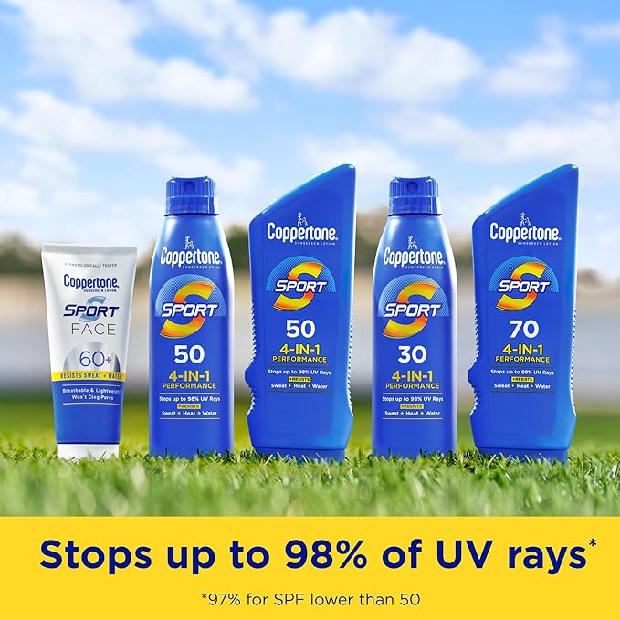 Coppertone Sport Sunscreen Lotion SPF 50, Sweat, Heat and Water Resistant Sunblock, Lightweight, Oxybenzone Free, Travel Size Sunscreen Bulk Pack, 3 Fl Oz Bottle, Pack of 6