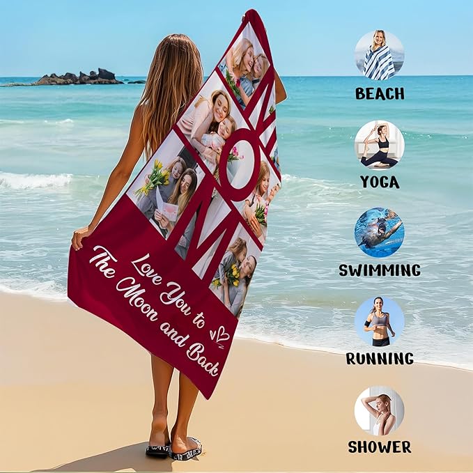 JML Mothers Day Birthday Gifts for Mom from Daughter Son, Personalized Beach Towel with Photo, Custom Beach Towel Gift for Mommy, Grandma, Women, Wife Anniversary Family Day, Summer, Holiday