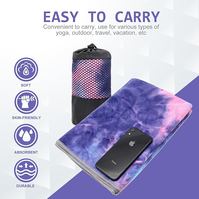 Eunzel 2 Pack Yoga Towel,Hot Yoga Mat Towel with Grip Dots Sweat Absorbent Non-Slip for Hot Yoga, Pilates and Workout 24" x72，Purple & Blue (2 Pack)