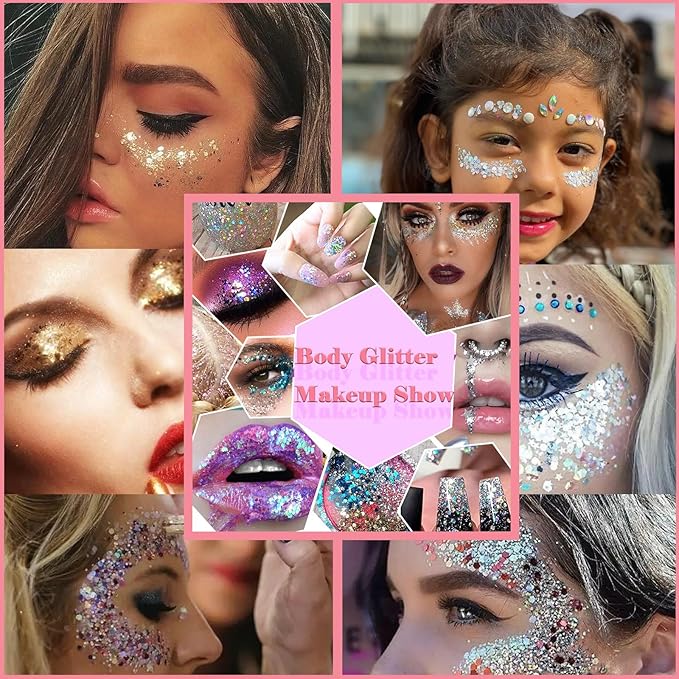 Body Glitter Face Glitter Gel: Singer Concerts Disco Festival Rave Accessories Face Glitter Makeup 150ml Chunky Sequins Mermaid Face Body Hair Glitter Gel (2 Silver)