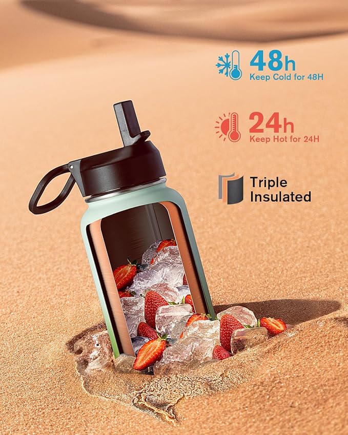 Water Bottle 32 oz Insulated with Straw, Coolflask Stainless Steel Metal 3 Lids Water Flask Wide Mouth for Sports or Office, Non-BPA Keep Cold Up to 48 Hrs or Hot Up to 24 Hrs, Ombre Green
