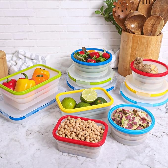 Collapsible Silicone Food Storage Containers, BPA Free, Microwave, Freezer and Dishwasher Safe, Lunch, Meal Prep, Travel, Space-Saving