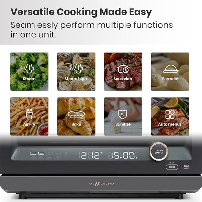 7-in-1 Steam Convection Oven Countertop with Air Fry, Bake, Sous Vide, Ferment, Built-in Recipes | Anti-Scalding, Self Clean, Food-grade Stainless Steel Cavity & Accessories | 1500W (Black)