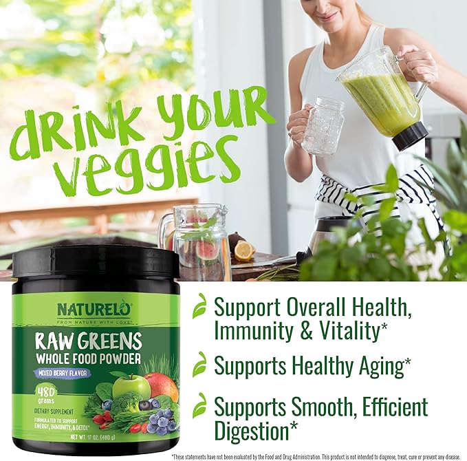 NATURELO Raw Greens Superfood Powder - Mixed Berry - Boost Energy, Detox, Enhance Health - Organic Spirulina - Wheat Grass - Whole Food Nutrition from Fruits & Vegetables - 480 Grams