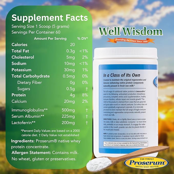 ImmunoPro The Finest Grass-Fed Whey Protein Powder 300g for Immune Systems Well Wisdom, Clean, Unflavored Whey Protein Powder Concentrate, Grassfed, Non-GMO, Hormone-Free