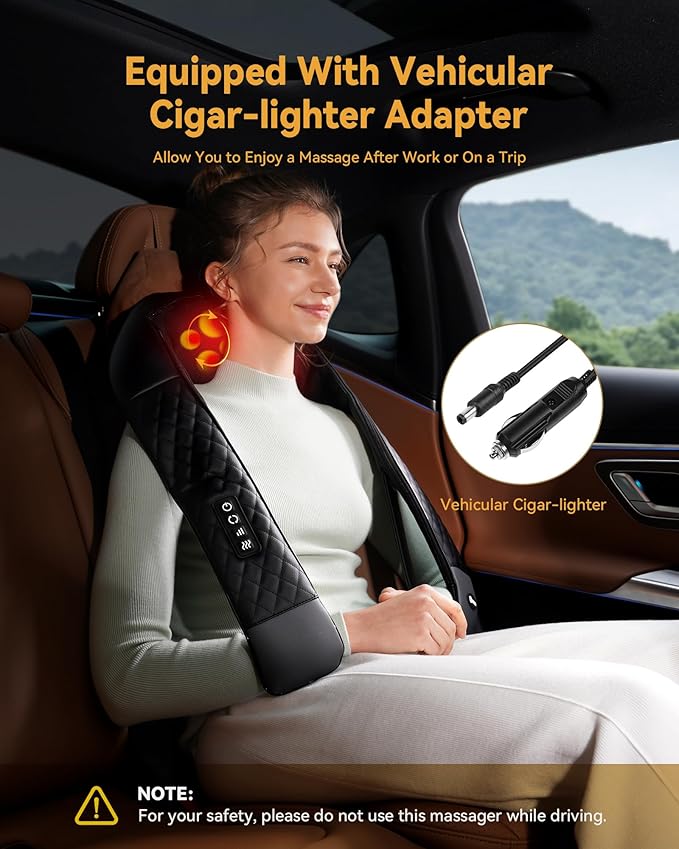 Shiatsu Neck and Shoulder Massager with Heat, Electric Deep Kneading Massage for Back, Shoulder, Leg, Body Muscle Pain Relief, Gift for Women Men Mom Dad, NOT Cordless, (with Leather Handbag)