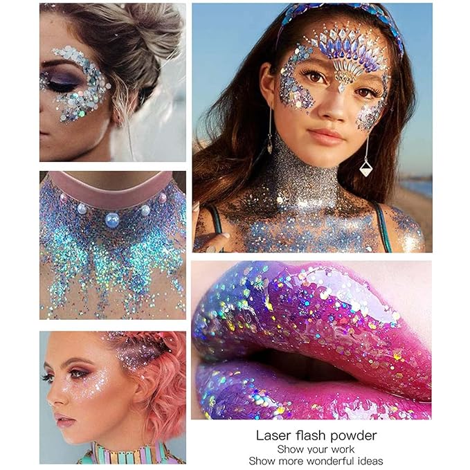 DAGEDA Body Glitter Gel, Face Glitters Body Gel Sequins Shimmer Liquid Eyeshadow, Chunky Glitter for Face Hair Nails, Holographic Cosmetic Laser Powder Festival Glitter Makeup 50ml(Blue)