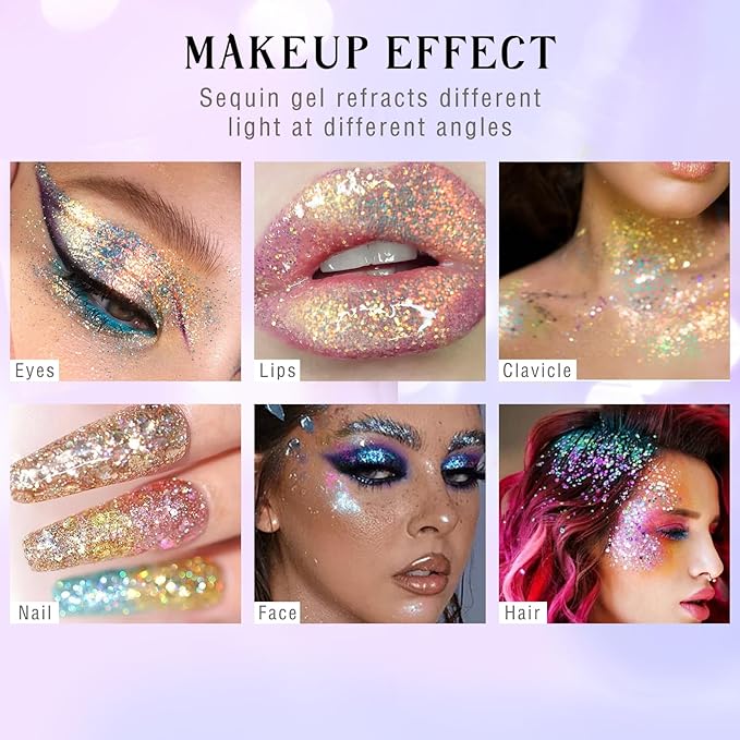 Roll-on Holographic Body Glitter Gel for Face Hair, Chameleon Color Changing Glitter Gel Under Light, Chunky Mermaid Sequins Festival Party Rave Accessories Shimmer Makeup (11# Mermaid)