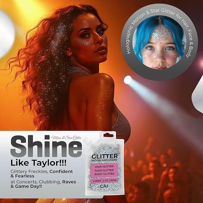 Hair Glitter Gel – Body Glitter for Kids and Women – Iridescent Holograph Cosmetic-Grade Gel w/Moon & Stars for Hair, Body & Face, Applies Smoothly w/o Glue & Washes Off Easily, 3 Oz - Rose 1Pack