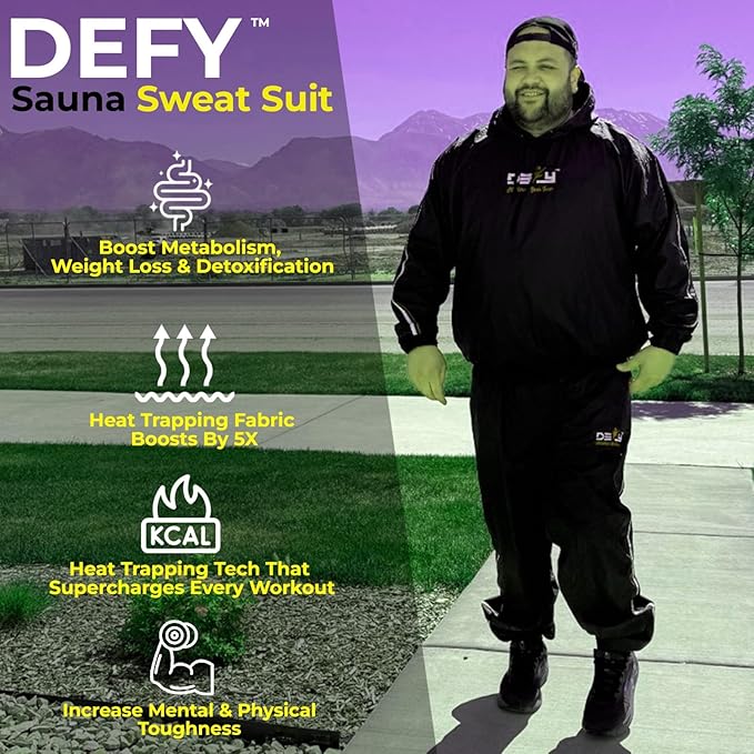 DEFY Heavy Duty Sauna Suit for Weight Loss Full Body Wrap Hoodie Men Women Anti-Rip Sweat suit Gym Workout Exercise Gear