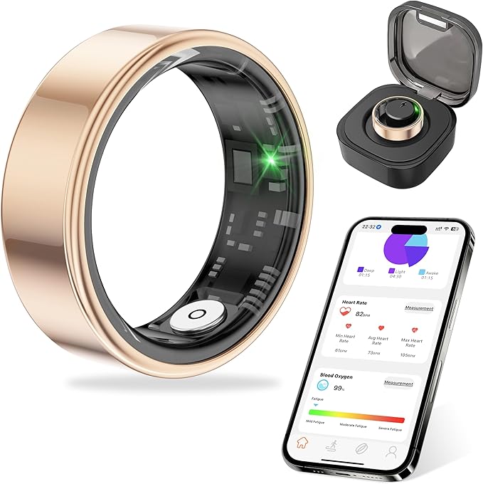 Thin Smart Ring for Fitness & Health Tracking -Pedometer,Sleep/Heart Rate/Blood Oxygen Monitor, Gesture Control / 5ATM Waterproof -No APP Subscription Compatible with Android& iOS (Rose Gold, 7)