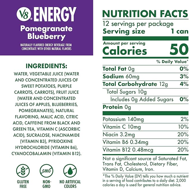 V8 Energy Pomegranate Blueberry Energy Drink, 8 fl oz Can (12 Pack)