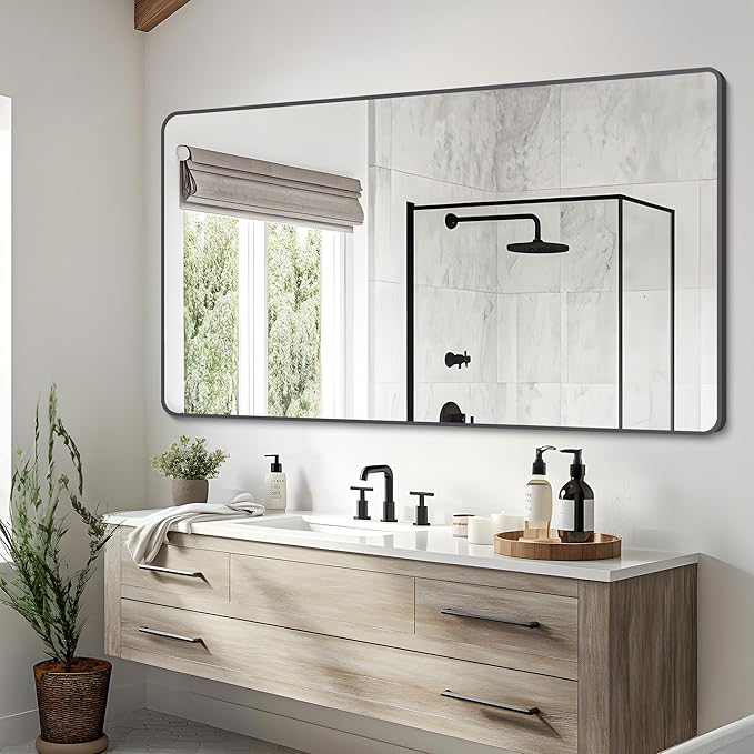 30" x 55"Bathroom Mirror, Matte Black Wall Mirror with Metal Frame, Decorative Rectangular Vanity Mirror for Bedroom Bathroom Living Room Entryway (Horizontal/Vertical)