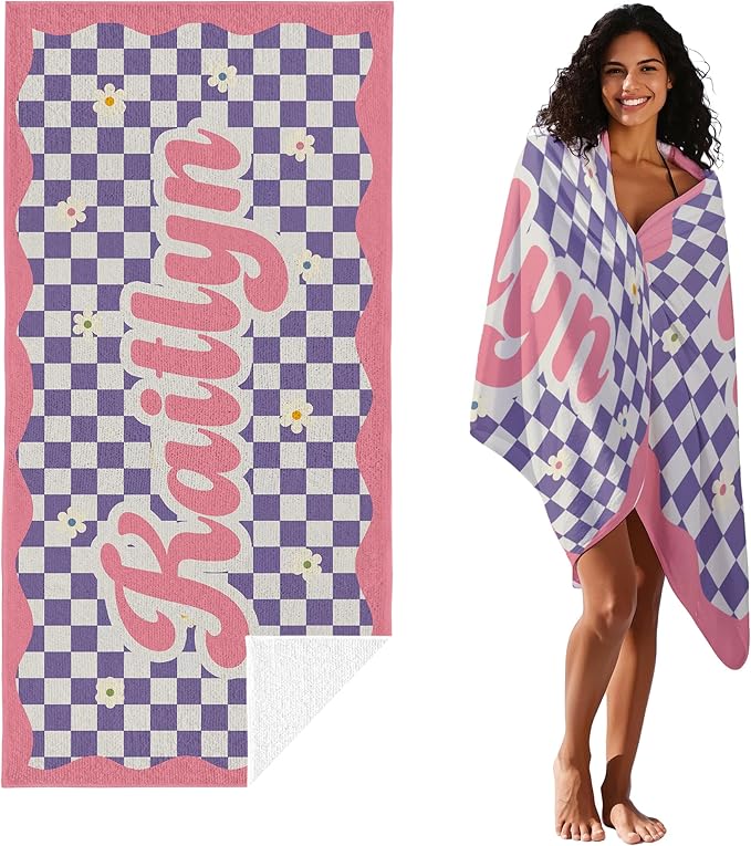 JML Personalized Beach Towel with Name, Custom Flower Beach Towel, Customized Microfiber Pool Towel, Quick Dry & Absorbent Swim Towel for Adult,Anniversary, Birthday, Summer Holiday,Vacation