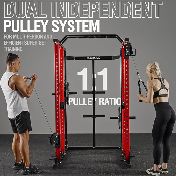 Mikolo Power Cage, Power Rack with Cable Crossover and Dual Independent Pulley System, 2200 Pounds Capacity Workout Cage with More Training Attachments, Squat Rack for Home Gym, PC07 Versions