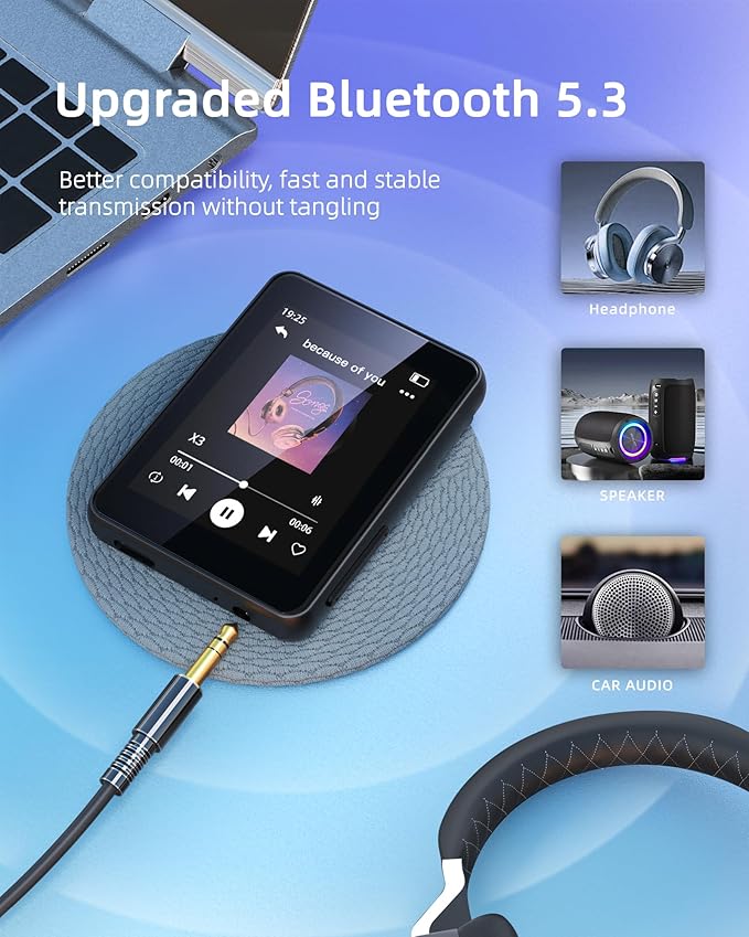 64GB Music Player with Bluetooth 5.3, 2.4" Portable MP3 Player with Speaker, FM Radio, Voice Recorder, E-Book, Full Touch Screen, Supports up to 256GB (Earphones Included)