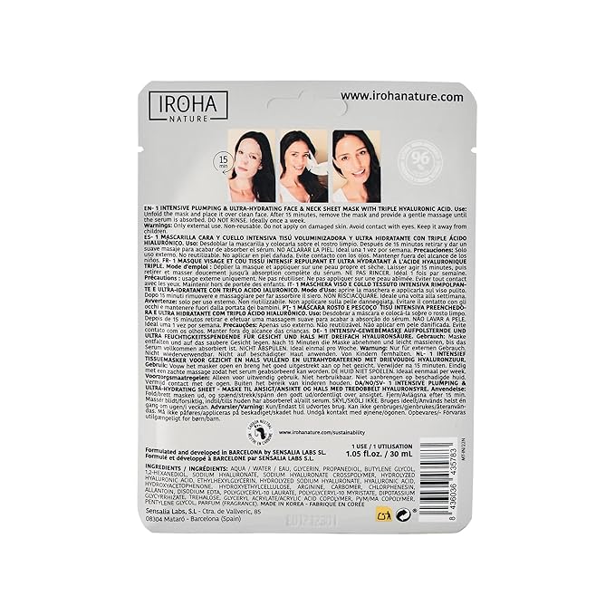 IROHA NATURE Replumping & Anti-Aging Tissue Face Mask (Pack of 15) | With Triple Hyaluronic Acid | Deep Hydration & Anti-Aging Effect | Softer, Calmer Skin | 100% Vegan
