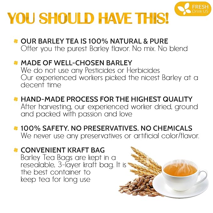 FreshDrinkUS Premium 120 Barley Tea Bags, 100% Natural & Pure. Loose Barley Herbal Tea. Made with Natural Material Tea Bags. No Sugar, No Caffeine, No Gluten, Vegan