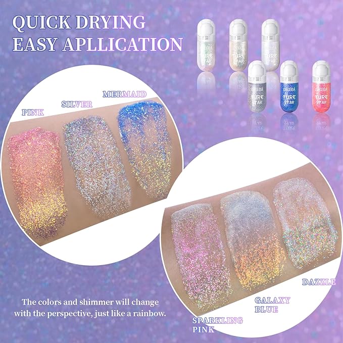 DAGEDA Body Glitter Gel, Roll-on Face Glitter for Mermaid Makeup Festival Rave Accessories, Holographic Hair Glitter Gel,Body Shimmer Halloween Makeup for Rave Party (Silver)