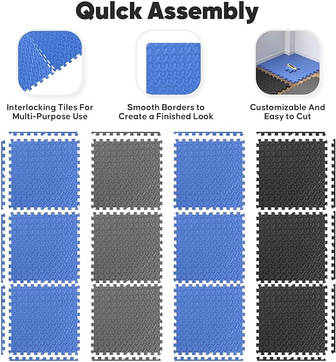 Home Gym Mat, Puzzle Exercise Mat, EVA Interlocking Foam Floor Tiles for Home Workout Equipment and Kids' Play Areas - Black, 24 in x 24 in x ½ in - 12 Tiles (Black, 12 Pack, 48 SQ FT)