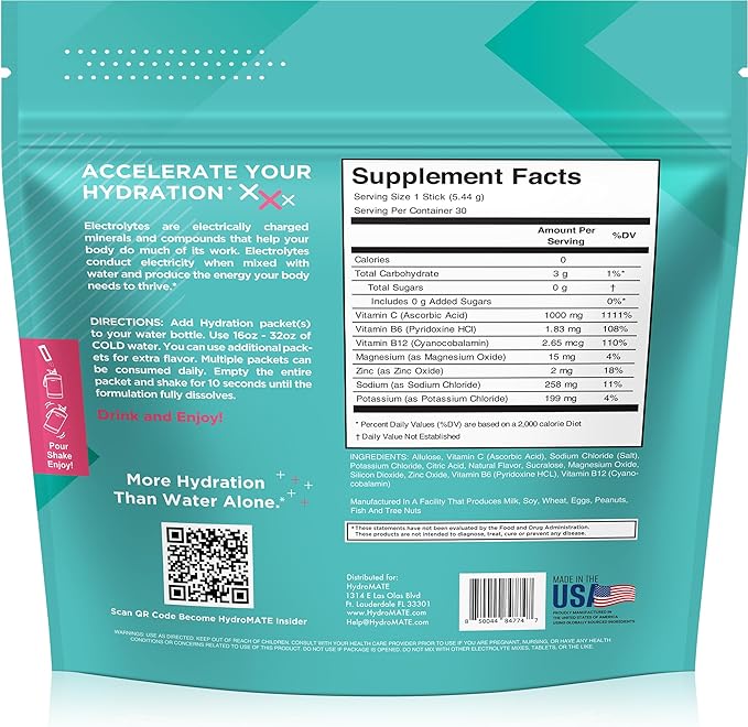 Electrolyte Powder Sugar-Free Hydration Packets Strawberry Lemonade HydroMATE 30 Sticks
