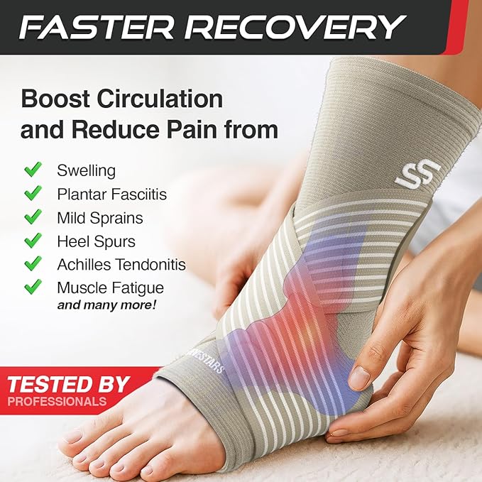 Sleeve Stars Ankle Brace for Women & Men, Ankle Wrap for Sprained Ankle, Compression Sleeve for Plantar Fasciitis Relief, Easy Customizable Support: w/Removable Strap (Single/S:9"-10"/Beige)